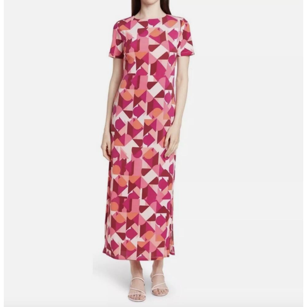 Donna Morgan Geometric Print Stretch Maxi Dress Size 6 Short Sleeve Pink Berry